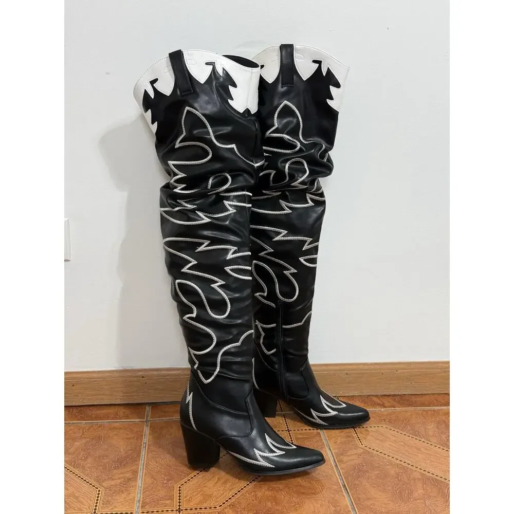 Women's Black & White Cowboy Western Boots Knee High Embroidered Block Size 6